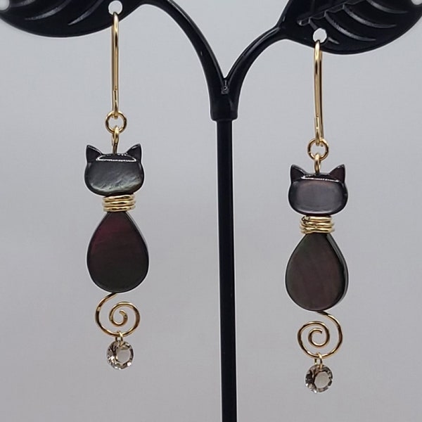 Black Mother of Pearl Cat Earrings with Dangling Smoky Quartz, for Cat Lovers