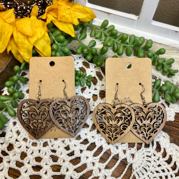 Valentines Day Earrings, Doily Heart Earrings, Unique Wood Earrings, Valentines Day Jewelry, Dangle Earrings, Valentines Gift, Gift for Her