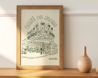 Cafe de Flore kunstdruk, restaurant kunstdruk, restaurant schets, Franse huisdecoratie, Franse schilderkunst, vintage Franse poster, Eiffeltoren
