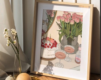 coquette art print, schattige art print, voedsel illustratie, cuisinier art, keuken art print, cake poster, cake art print, bloemenmarkt