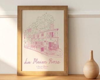 La Maison Rose kunstdruk, restaurant kunstdruk, restaurant schets, Franse interieurinrichting, Franse schilderkunst, vintage Franse poster, Eiffeltoren