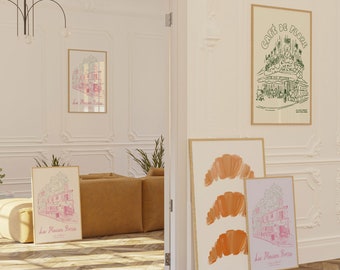 Franse kunstbundel, Franse cafés, La Maison Rose, café de Flore, restaurantkunstprint, restaurantschets, Franse interieurdecoratie, Franse schilderkunst