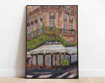 Cafe de Flore kunstdruk van Laura Cruse, restaurantkunstdruk, restauranttekening, Franse huisdecoratie, Franse schilderkunst, vintage Franse poster