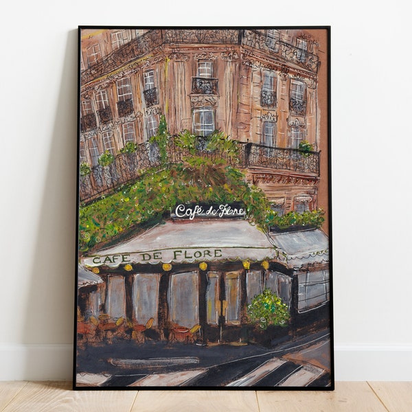 Cafe de flore art print, french cafe, restaurant sketch, french home decor, french painting, vintage french poster, digital download