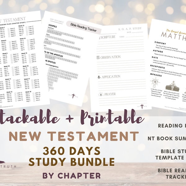 Printable 360 Days New Testament Bible Study Bundle, Minimalist and Simple, Book by book Summaries, Bible Study Templates