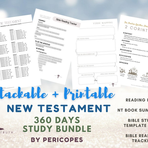 Printable 360 Days New Testament Bible Study Bundle by Pericopes, Minimalist and Simple, Book Summaries, Bible Study Templates