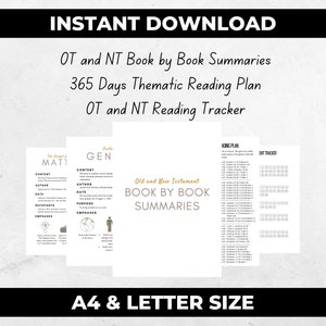 Old and New Testament Summaries, Book by Book Bible Summaries for Bible Study, Bible Study Tracker, One Year Bible Reading Plan Printable