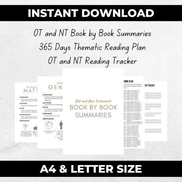 Old and New Testament Summaries, Book by Book Bible Summaries for Bible Study, Bible Study Tracker, One Year Bible Reading Plan Printable