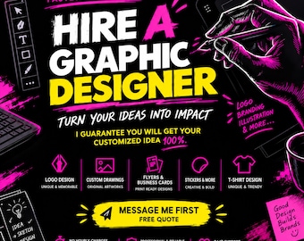 Op de afbeelding: Een zwarte grafische ontwerpadvertentie met de tekst HIRE A GRAPHIC DESIGNER in wit en geel. Het bevat iconen voor logo-ontwerp, tekeningen, flyers, stickers en t-shirtontwerp, met een roze hand die een stylus vasthoudt.