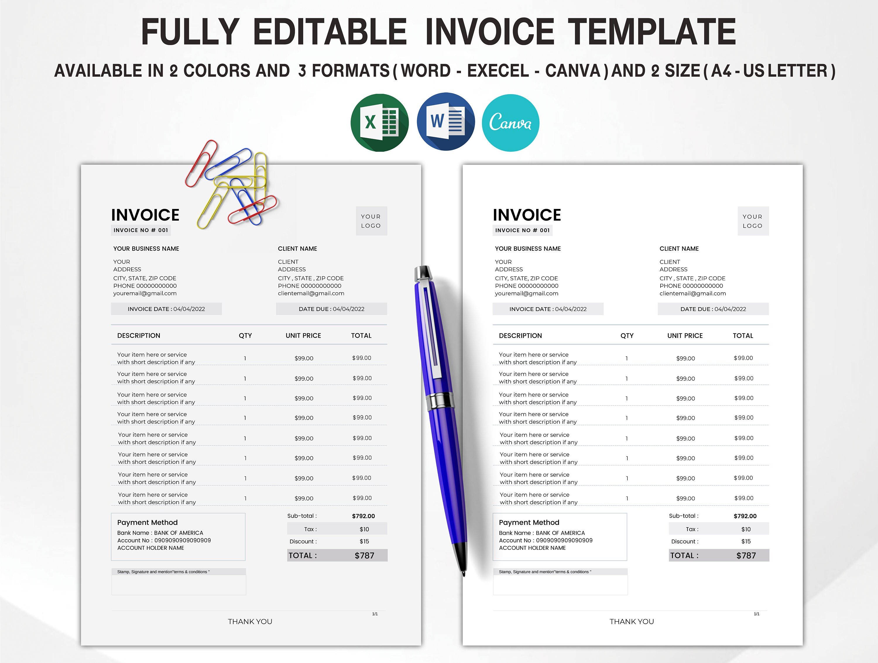 invoice template pdf edit printable fillable pdf invoice etsy