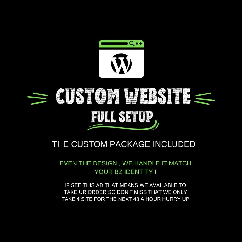 May include: Green and white text on a black background advertises a custom website full setup package. The ad includes the text "CUSTOM WEBSITE FULL SETUP" and "THE CUSTOM PACKAGE INCLUDED".