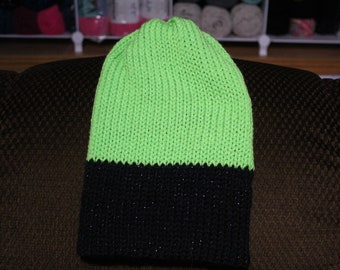 Beanie, Slouchy, Lime Green, Black, Glitter