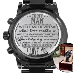 To My Man Engraved Black Chronograph Watch - Anniversary Gift - Husband Boyfriend Fiance Soulmate Gift - Valentine's Day Birthday Gift