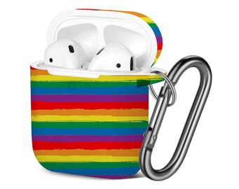 AirPods Case ( 1st / 2nd Gen ), Rainbow Striped LGBT Print Pattern, TPU Protection Cover with Keychain.