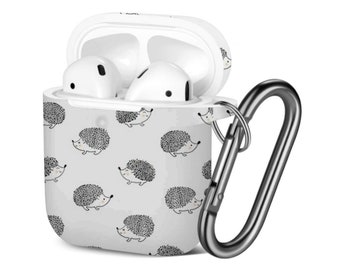 AirPods Case ( 1st / 2nd Gen ), Beautiful Cute Watercolor Hedgehogs Print Pattern, TPU Protection Cover with Keychain.