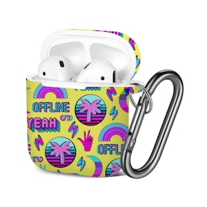 May include: Yellow Airpods case with a retro 80s pattern featuring palm trees, rainbows, lightning bolts, and the text "OFFLINE YEAH". The case has a silver carabiner.