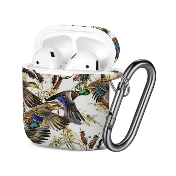 AirPods Case ( 1st / 2nd Gen ), Watercolor Duck Mallard Water Plant Print Pattern, TPU Protection Cover with Keychain.