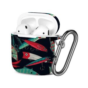 Étui AirPods (1ère / 2ème génération), motif de leurres de pêche colorés, housse de protection en TPU avec porte-clés.