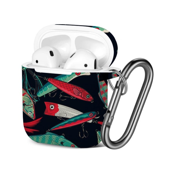 AirPods Case (1st / 2nd Gen), Colorful Fishing Lures Pattern, TPU Protection Cover with Keychain.