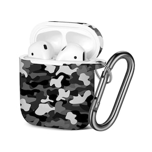 AirPods Case ( 1st / 2nd Gen ), Camouflage Black White Camo Print Pattern, TPU Protection Cover with Keychain.