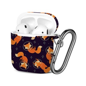 AirPods Case ( 1st / 2nd Gen ), Cute Fox Space Print Pattern, TPU Protection Cover with Keychain.
