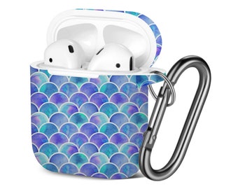 AirPods Case ( 1st / 2nd Gen ), Watercolor Rainbow Scales Mermaid Print Pattern, TPU Protection Cover with Keychain.