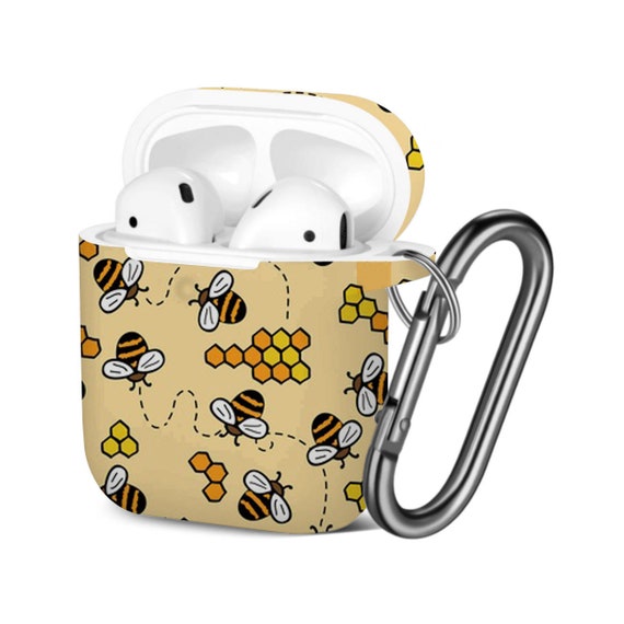 Airpods Case 1st / 2nd Gen , Cute Bees Honeycomb Print Pattern, TPU  Protection Cover With Keychain. 