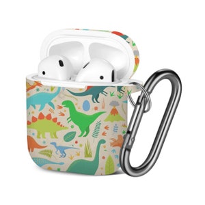 AirPods Case ( 1st / 2nd Gen ), Cute Doodle Dino Dinosaurs Print Pattern, TPU Protection Cover with Keychain.