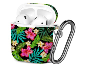 AirPods Case (1st / 2nd Gen), Colorful Pical Hibiscus Plumeria Pattern, TPU Protection Cover with Keychain.