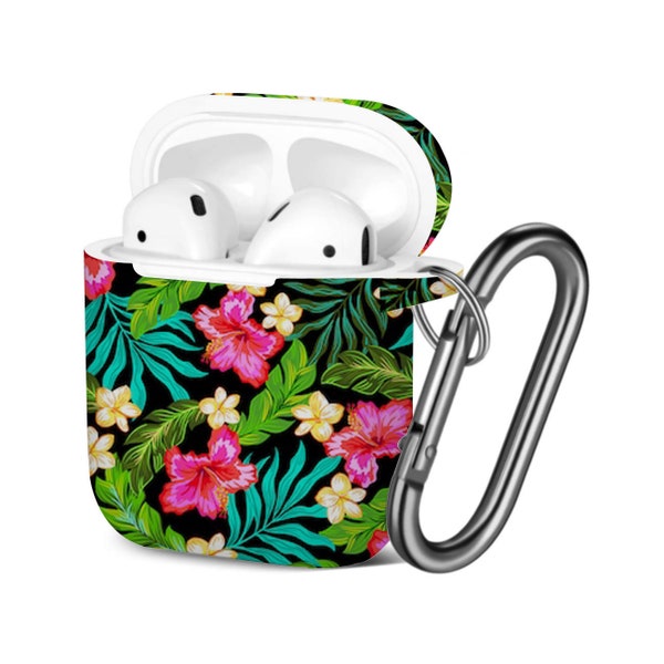 AirPods Case (1st / 2nd Gen), Colorful Pical Hibiscus Plumeria Pattern, TPU Protection Cover with Keychain.