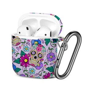 AirPods Case (1st / 2nd Gen), Festive Sugar Skulls Heart Pattern, TPU Protection Cover with Keychain.