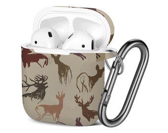 AirPods Case ( 1st / 2nd Gen ), Cute Deer Doe Autumn Print Pattern, TPU Protection Cover with Keychain.