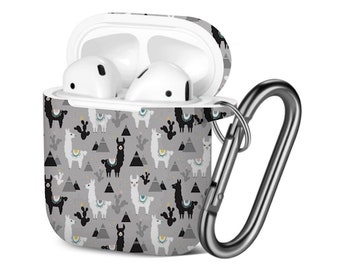 AirPods Case ( 1st / 2nd Gen ), Llama Cactus Mountains Print Pattern, TPU Protection Cover with Keychain.