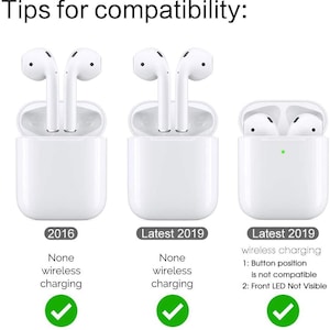 May include: A comparison of three different Apple AirPods cases. The first case is for the 2016 model and does not have wireless charging. The second case is for the latest 2019 model and does not have wireless charging. The third case is for the latest 2019 model and has wireless charging. The text on the image reads: "Tips for compatibility: 2016 None wireless charging Latest 2019 None wireless charging Latest 2019 wireless charging 1: Button position is not compatible 2: Front LED Not Visible"