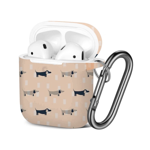 AirPods Case ( 1st / 2nd Gen ), Dachshund Dog Scandinavian Print Pattern, TPU Protection Cover with Keychain.