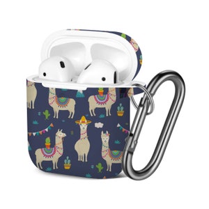 AirPods Case ( 1st / 2nd Gen ), Cute Cartoon Llama Alpaca Print Pattern, TPU Protection Cover with Keychain.