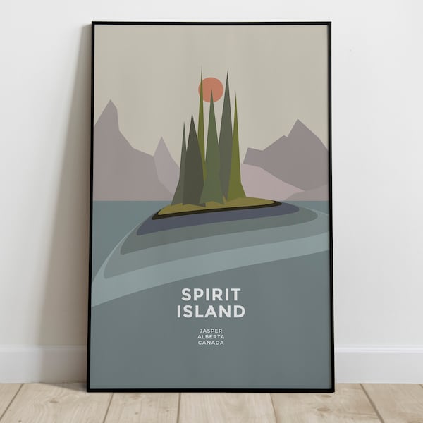 Spirit Island Jasper Alberta Canada Poster Print Minimalist Mid-century Abstract Wall Art