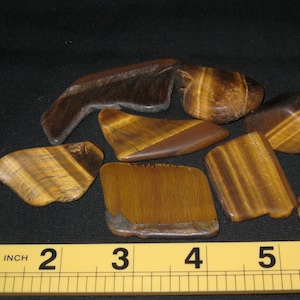 May include: A collection of seven tiger's eye stones, ranging in size and shape, with a brown and gold color pattern. The stones are arranged on a yellow measuring tape with inch markings.