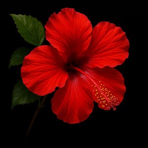 Può includere: Primo piano di un fiore di ibisco rosso vivo con cinque petali, un lungo stame e antere gialle. Il fiore è posto su uno sfondo nero, con foglie verdi e uno stelo.