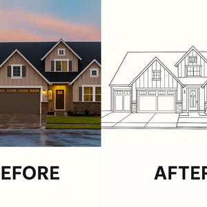 May include: A split image shows a house before and after a design change. The "before" image is a color photograph of a two-story house with a black roof and brown garage doors. The "after" image is a black and white line drawing of the same house.