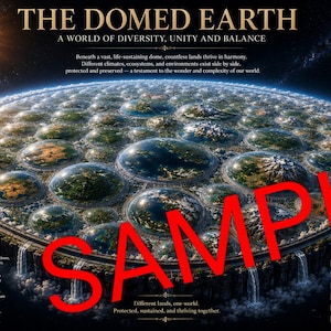 May include: A poster titled THE DOMED EARTH featuring a flat circular world divided into multiple ecosystems, each enclosed in a transparent dome. The edge shows waterfalls cascading into darkness. The sun and moon are visible in the starry sky.