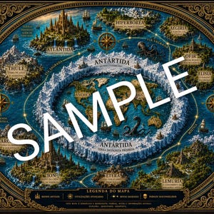 May include: A detailed, circular fantasy map featuring various mythical lands like Atlantida, Thule, and Lemuria surrounded by deep blue oceans. The map includes compass roses, sailing ships, sea creatures, and the word SAMPLE printed across the center.