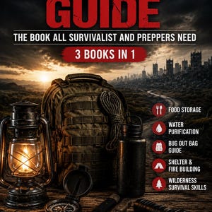 May include: A book cover titled SURVIVAL GUIDE THE BOOK ALL SURVIVALIST AND PREPPERS NEED 3 BOOKS IN 1. It features a tactical backpack, a lit oil lantern, a compass, a knife, a water bottle, and a flashlight. Text includes food storage and water purification.