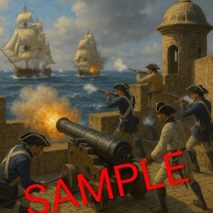 May include: A painting of a naval battle scene. Soldiers in blue and tan uniforms fire cannons and muskets from a stone fort. Sailing ships are engaged in combat on the sea under a cloudy sky. The word "SAMPLE" is overlaid in red.