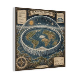 Flat Earth Firmament Map Poster, Ice Wall Fantasy Cosmology Print, Lands Beyond Antarctica, Vintage World Map Wall Art