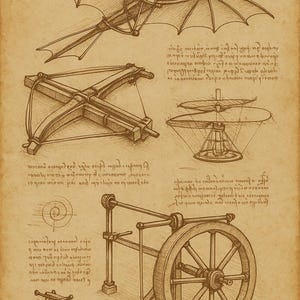 May include: A sepia-toned illustration featuring sketches of Leonardo da Vinci's inventions. Depicted are a flying machine with bat-like wings, a crossbow, a helicopter design, and a wheeled mechanism. The image has handwritten notes.