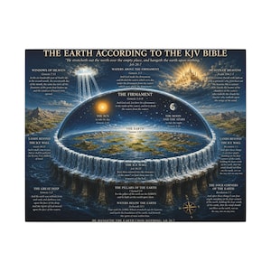 May include: A detailed illustration depicting the Earth according to the KJV Bible, featuring a flat Earth model with the sun, moon, and stars. The artwork includes text labels such as "The Firmament" and "The Ice Wall," with a blue and gold color scheme.