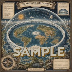 May include: A vintage-style map titled The World Under the Firmament, depicting a flat Earth enclosed by an ice wall under a dome. It features continents, a sun, a moon, stars, a compass rose, and text boxes explaining the cosmic structure.