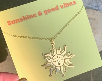 Gold Boho Sun Necklace with Gift Box and Card / Sunshine & Good Vibes / 18 Chain Inch / Gold Sun Pendant / Celestial Jewelry