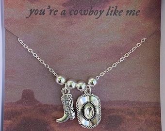 Cowboy Like Me Themed Necklace / Silver Chain / Cowboy Boot and Hat Charms / Gift / Concert Jewelry
